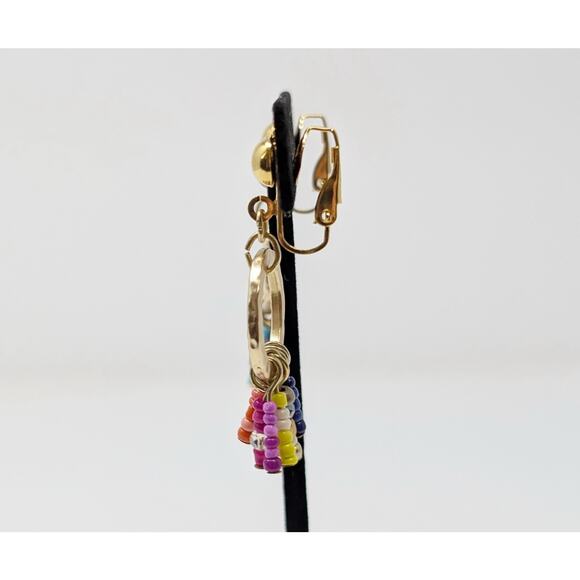 Gold Tone Circle Colorful Beaded Clip On Bohemian Boho Dangle Earrings - Picture 5 of 6